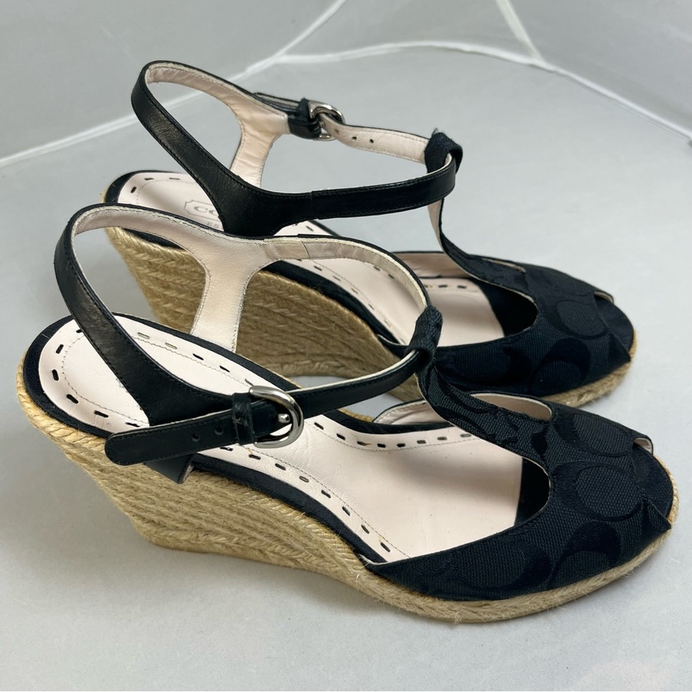 Coach Signature C Logo Black Espadrille Wedge Sandals Size 9